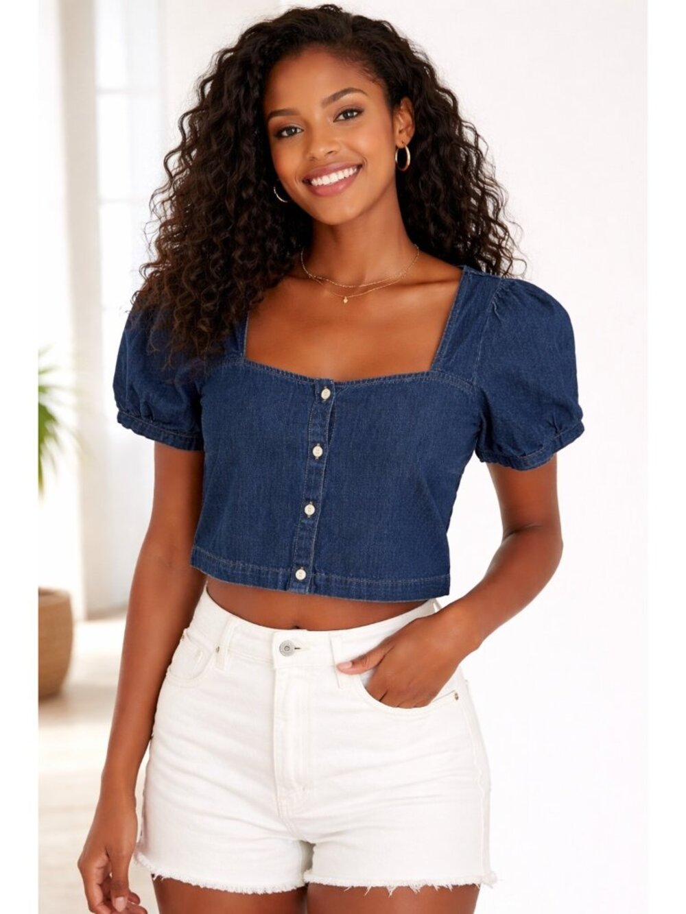 Levi's Denim Crop Top Small Dark Wash Puff Sleeve Button Front Y2K Cottagecore